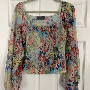 Anthropologie Multicolor Floral Smocked Blouse with Sheer Balloon Sleeves